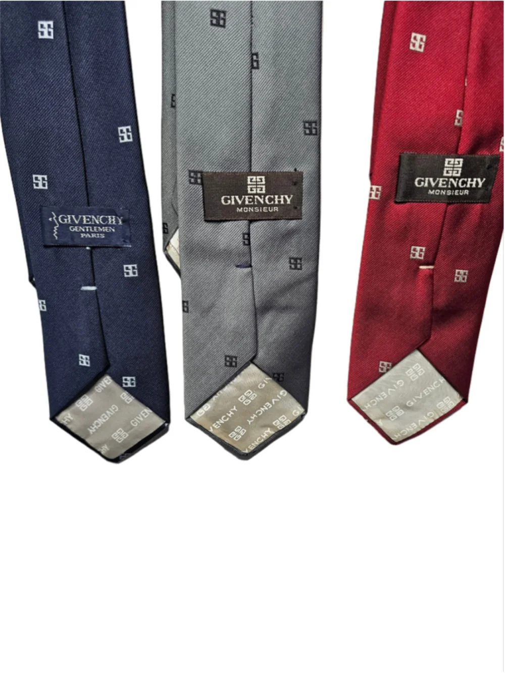 Givenchy Monsieur Silk Blend Tie Vintage Lot 3 Navy Grey Red 4G Monogram Italy